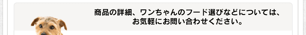 商品の詳細、ワンちゃんのフード選びなどについては、お気軽にお問い合わせください